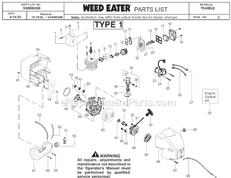 Page B Diagram and Parts List for TE400LE Type 4 Weed Eater Trimmer